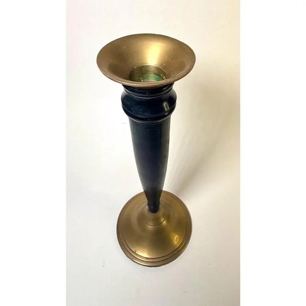 Vintage Brass & Black Metal Candlestick Holder – 9” Tall Midcentury Decor